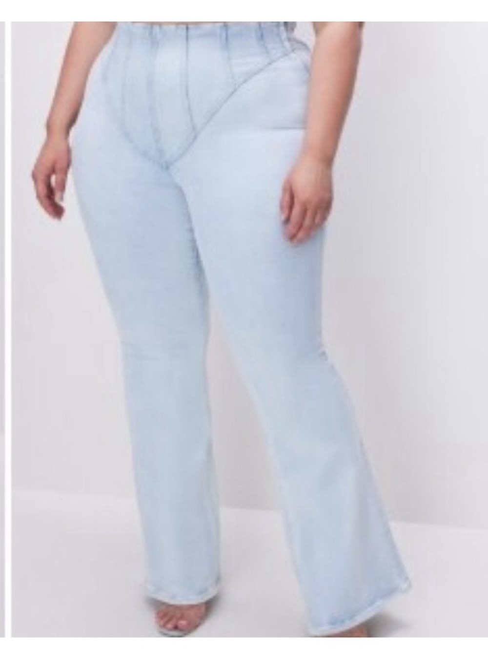 Good American Light Acid Blue Fade Flared Corset High Waisted Wide Bell Leg Jean